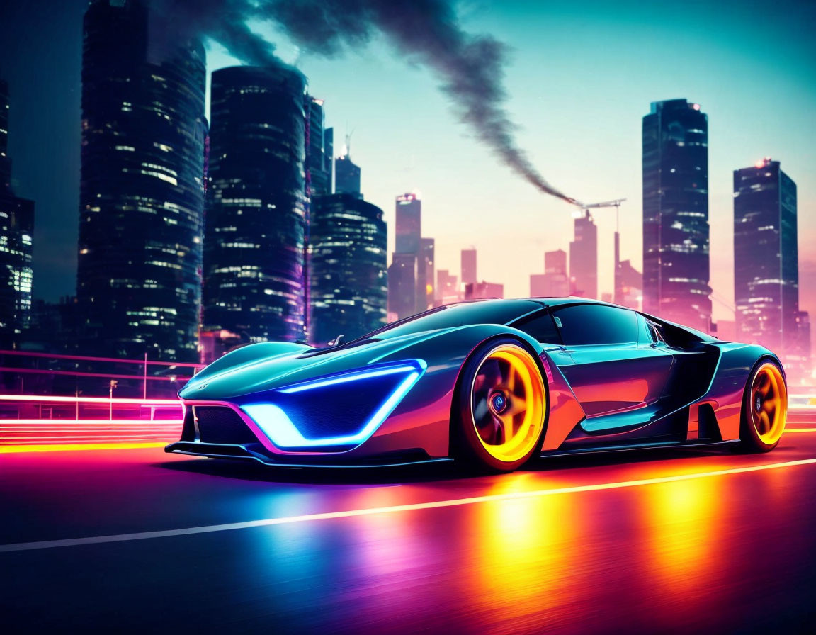 Futuristic blue sports car with glowing wheels in illuminated cityscape