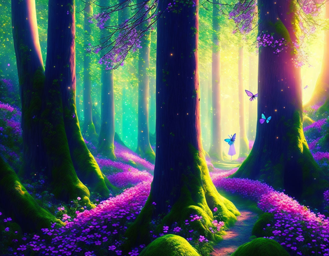 Majestic enchanted forest with towering trees and glowing butterflies