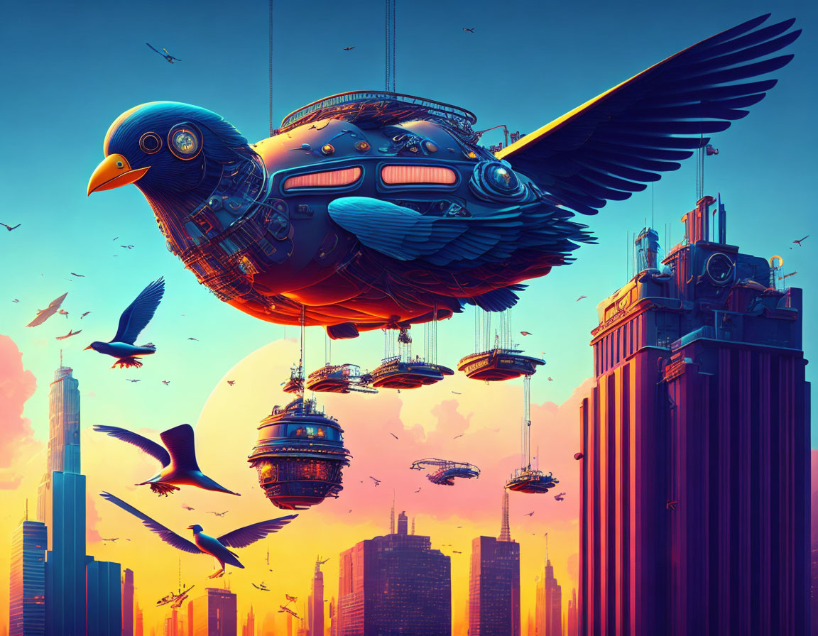 Gigantic mechanical bird over futuristic cityscape at sunset