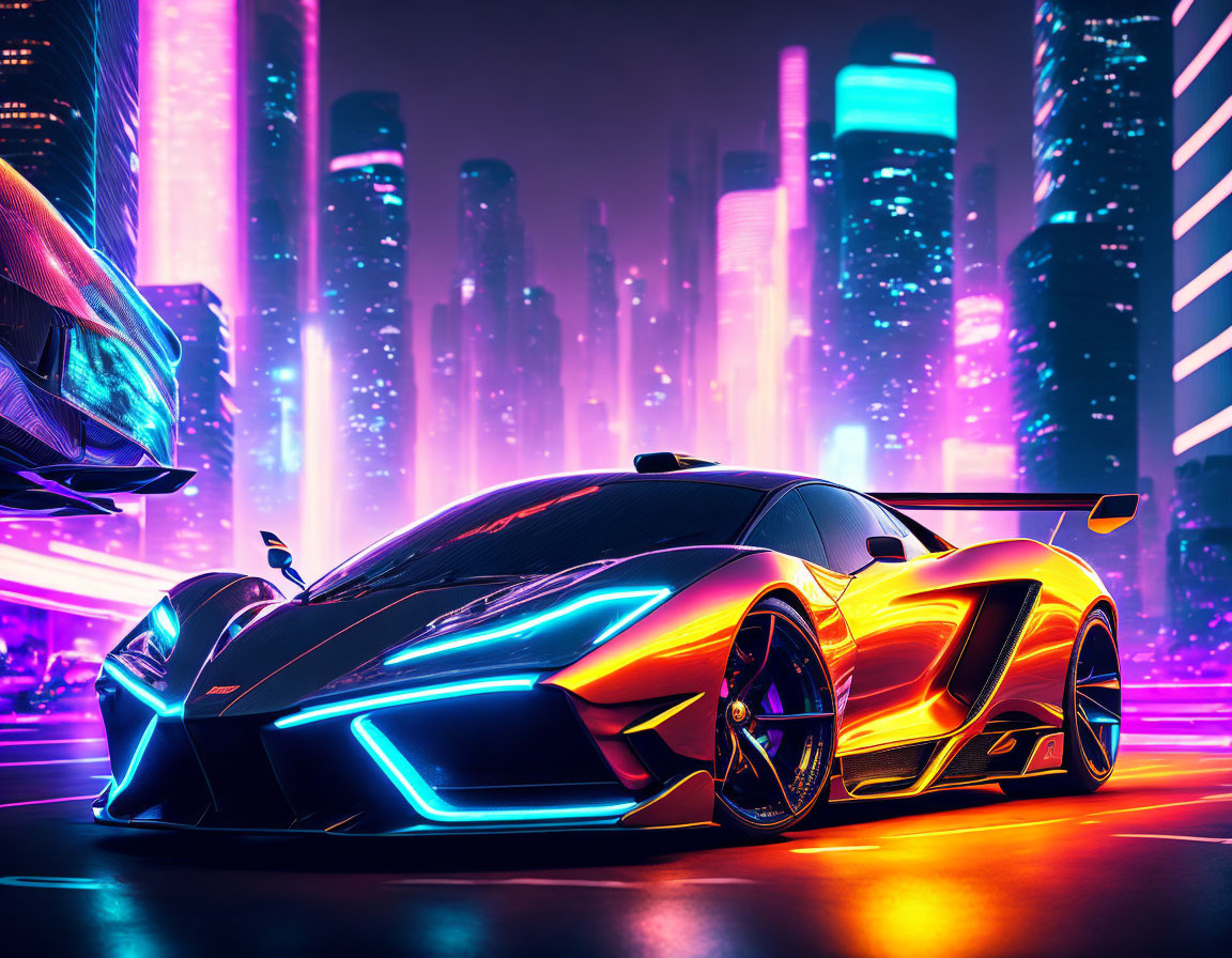 Futuristic sports car with neon lights in vibrant city scene