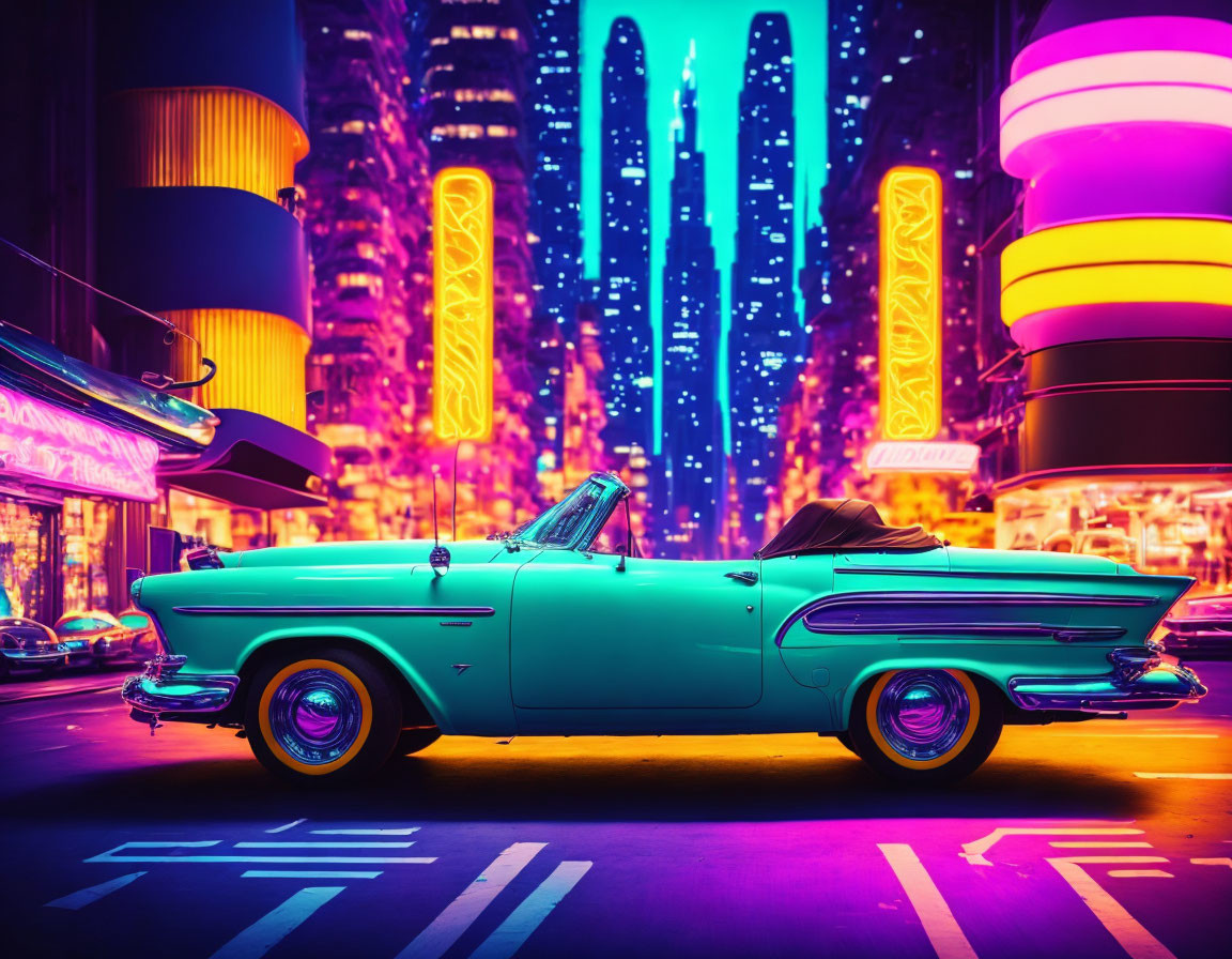 Vintage car on neon-lit city street with futuristic skyscrapers