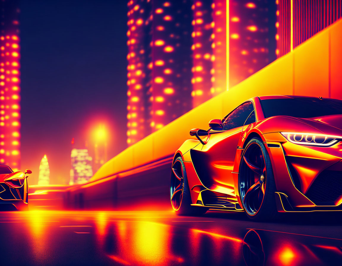 Digital Art: Futuristic Sports Cars on Neon-lit Urban Road