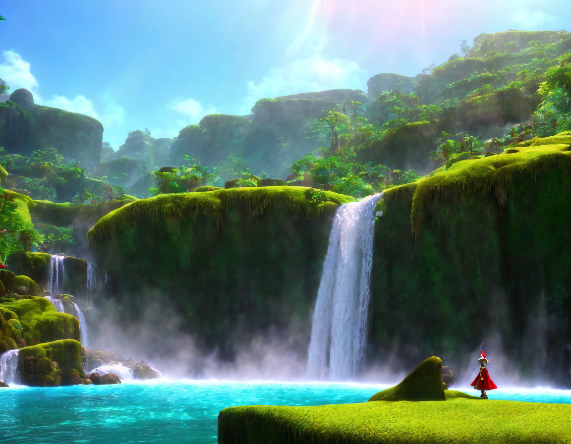 Tranquil landscape with waterfalls, greenery, mist, and figure in red cloak