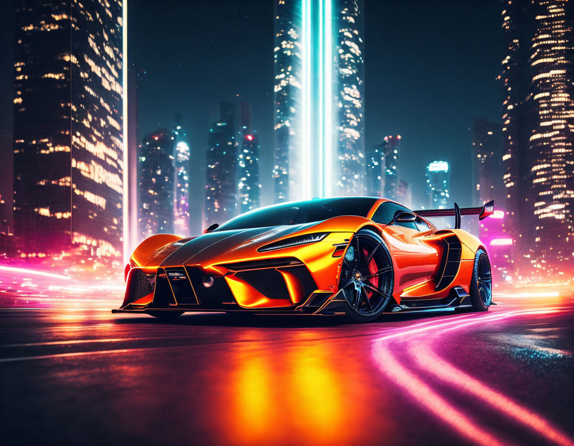 Sleek orange sports car with rear wing in neon-lit city scene