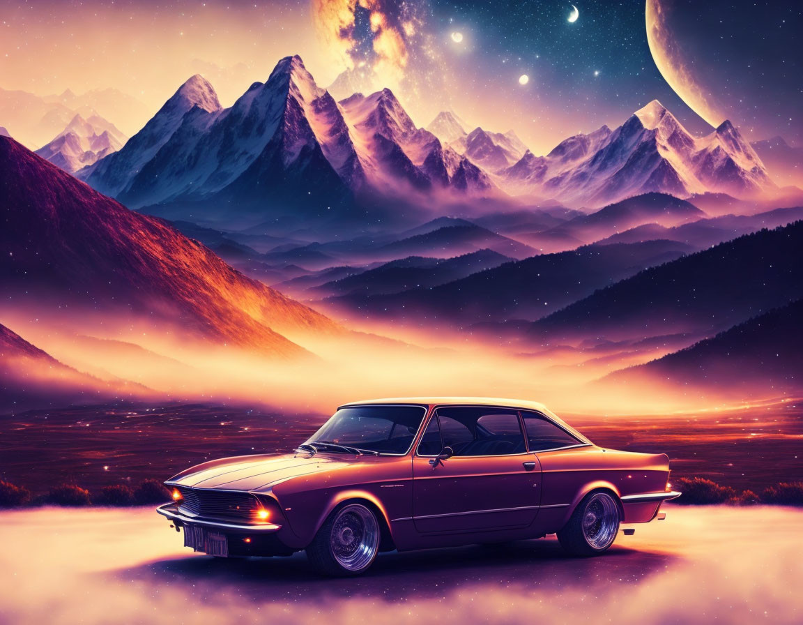 Vintage Car Parked on Majestic Mountain Terrain Under Starry Night Sky