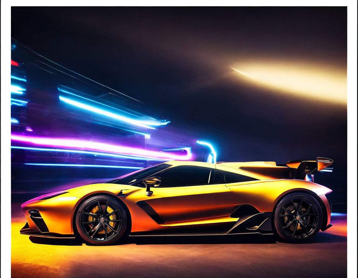 Vibrant gold sports car with neon lights and dynamic light trails