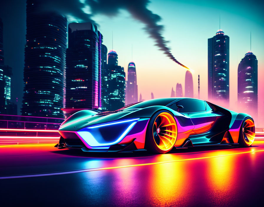 Futuristic blue sports car on neon-lit road in cyberpunk cityscape