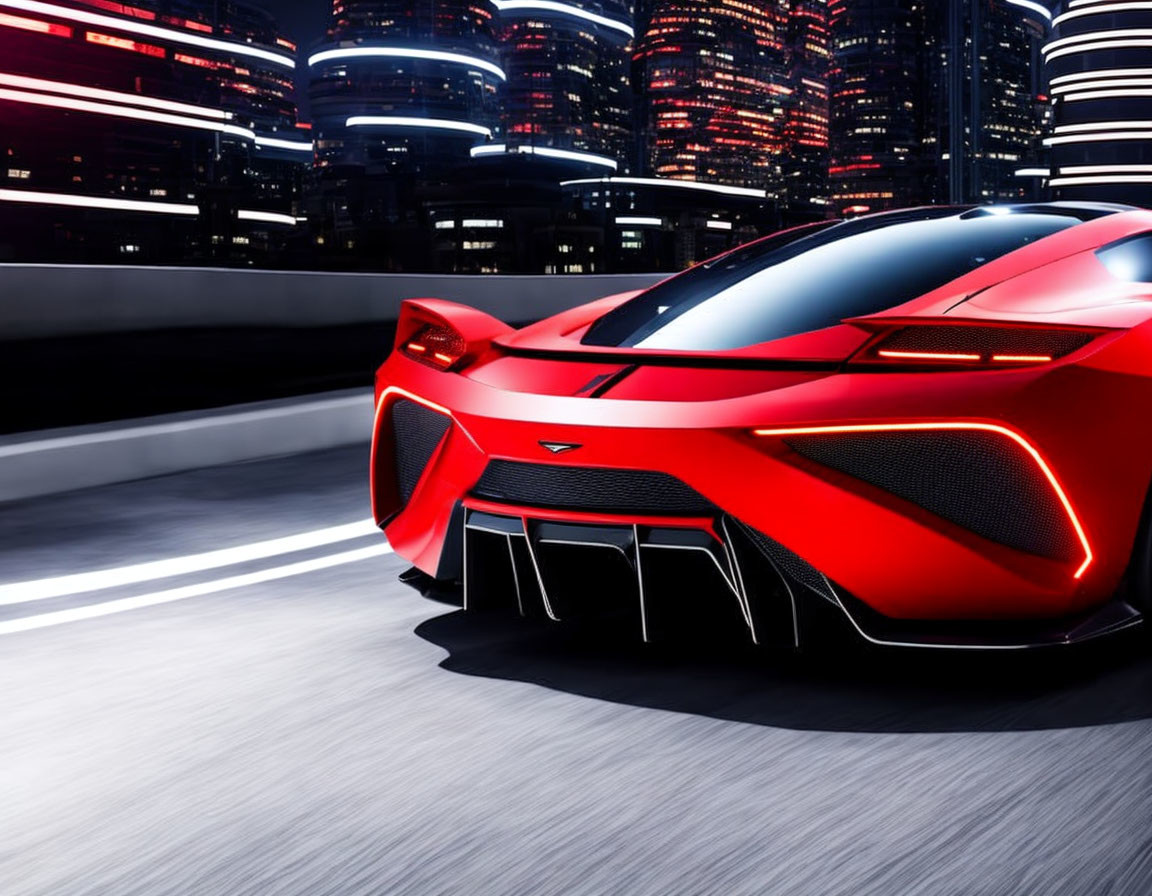 Red Sports Car Speeding Through Blurred Cityscape at Night