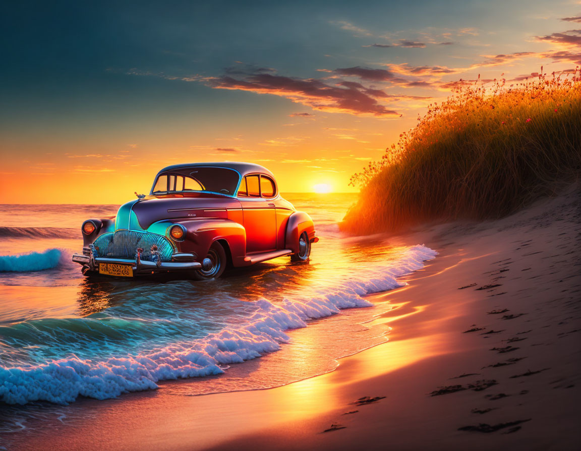 Classic Car Parked on Beach at Sunset with Waves - Vintage Vibes