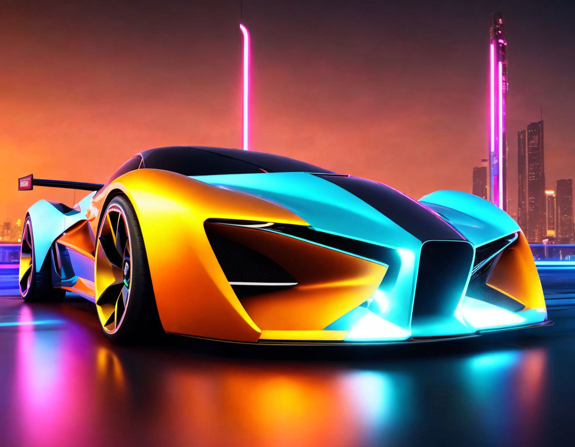 Futuristic Blue and Yellow Sports Car in Neon Cityscape