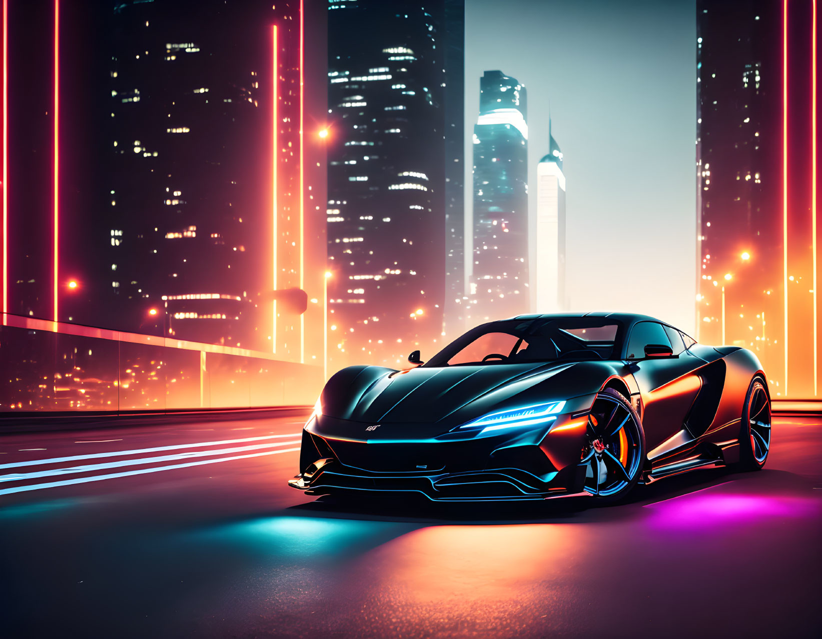 Sleek sports car on neon-lit city street at night