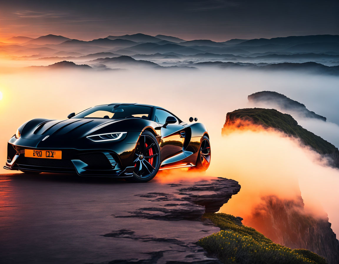 Black Sports Car on Rocky Cliff with Orange Sky & Mountains