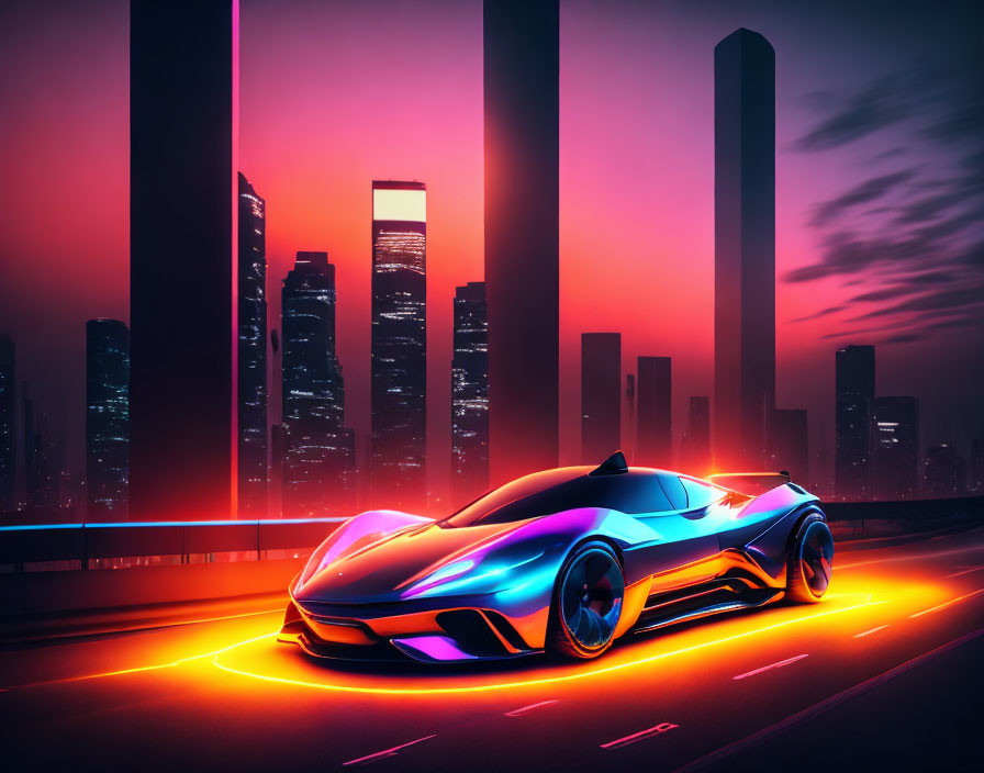 Futuristic car with neon highlights in vibrant cityscape at twilight