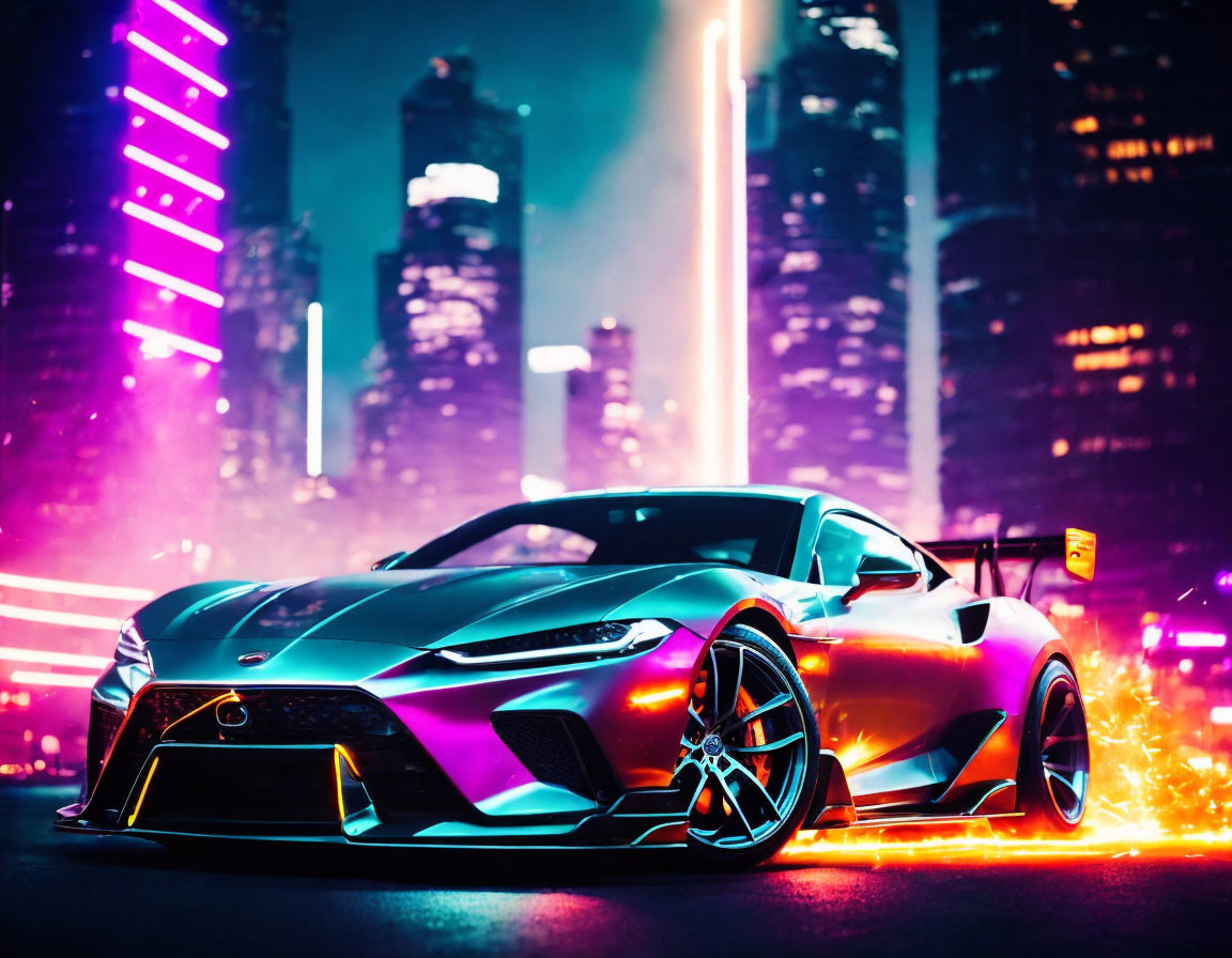 Sleek sports car with striking paint job in neon-lit urban setting