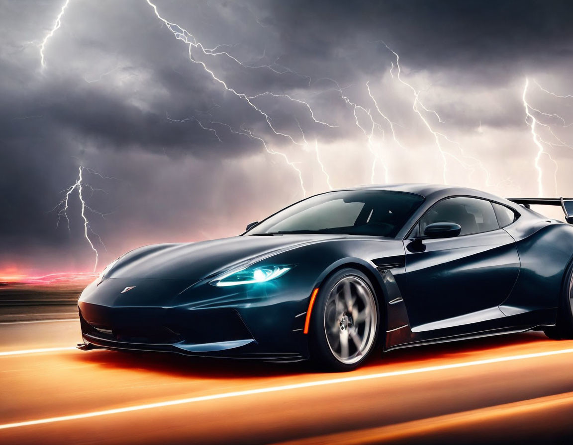 Black sports car racing under stormy skies with lightning