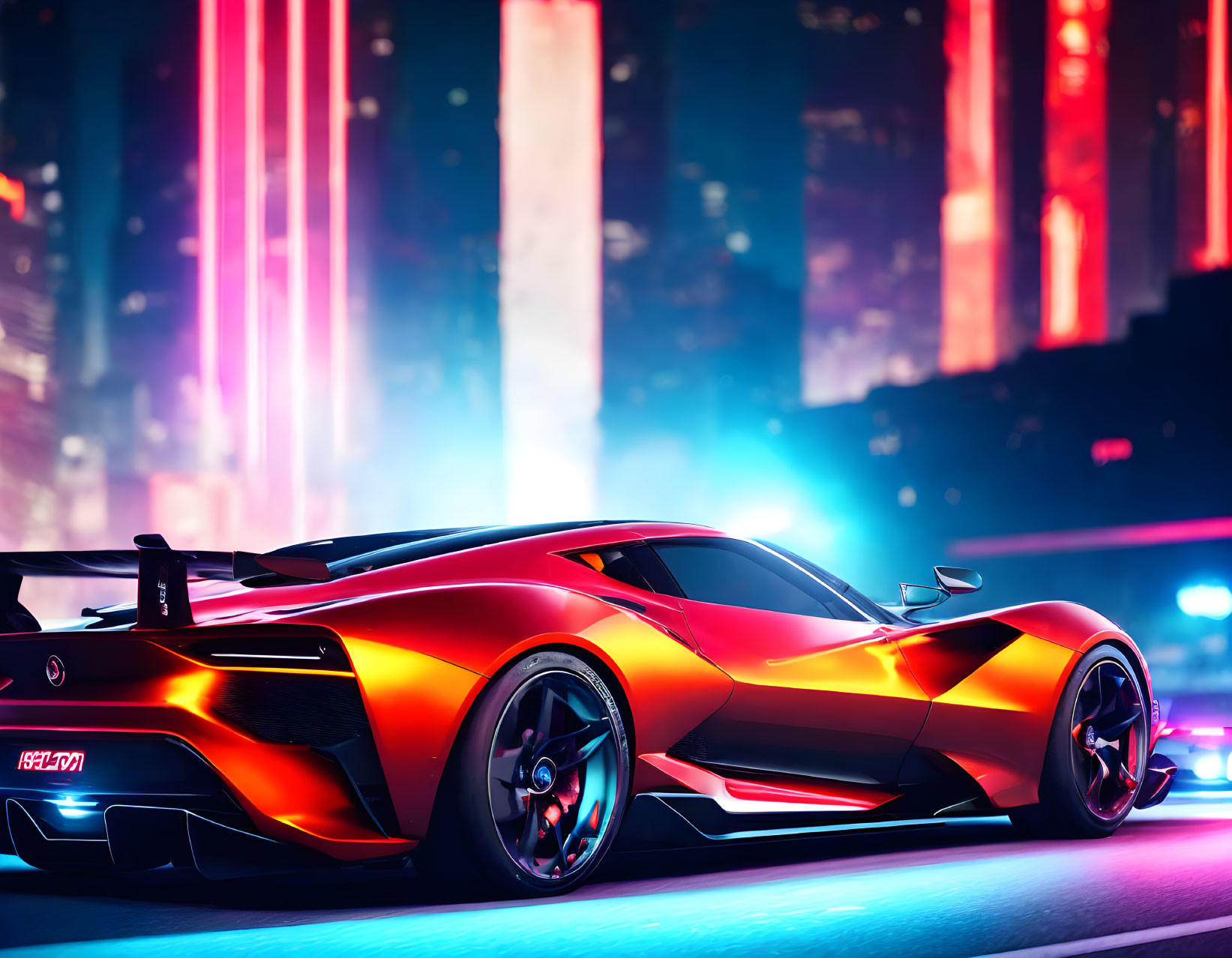 Futuristic red sports car under neon city lights