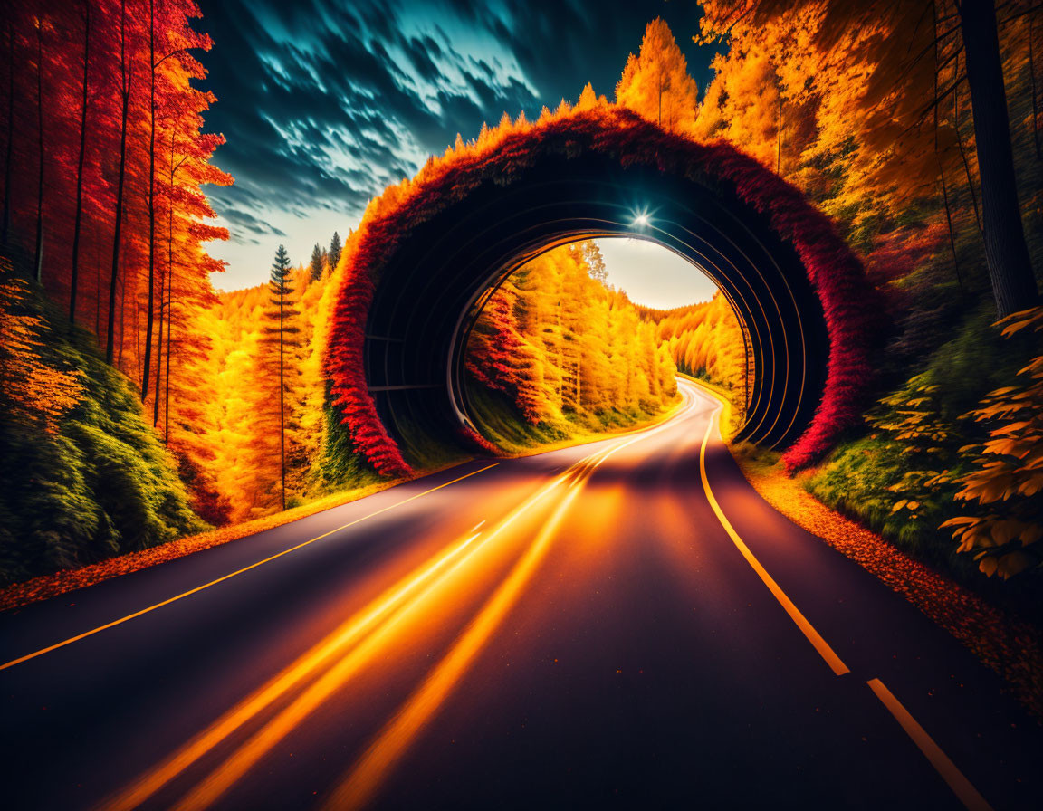 Colorful Autumn Road Tunnel with Dramatic Sky and Light Trails