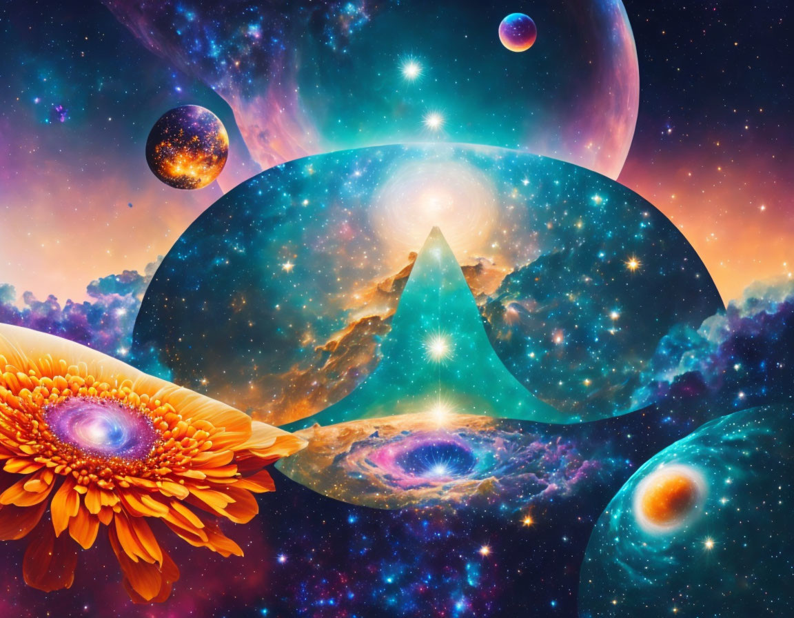 Colorful cosmic artwork with triangular portal, starry nebula, planets, and flowers.