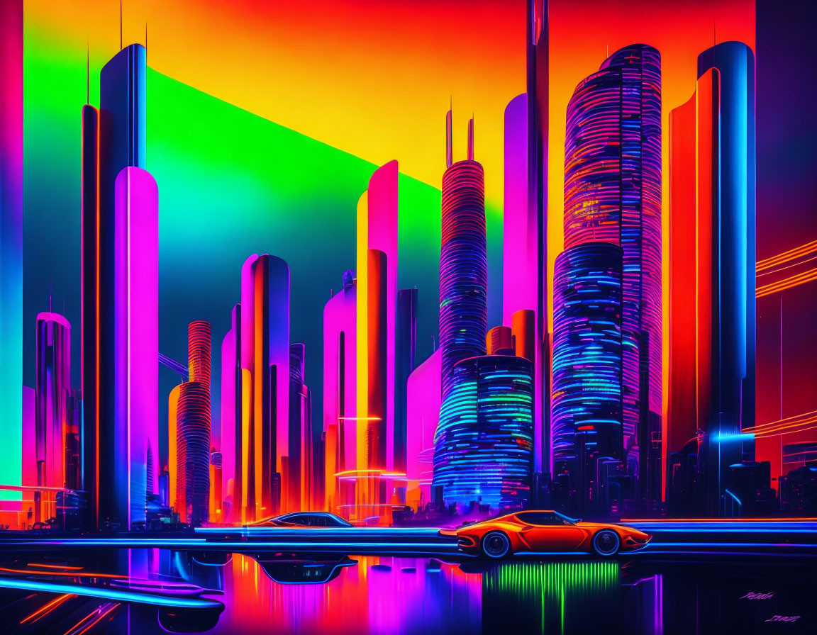 Futuristic neon-lit cityscape with skyscrapers and classic car