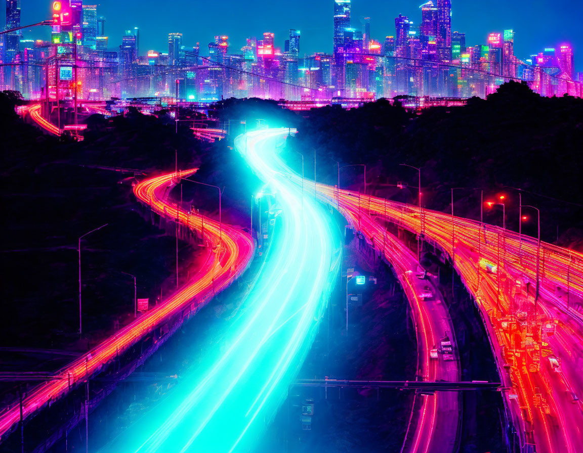 Vibrant long exposure of neon-lit cityscape at night