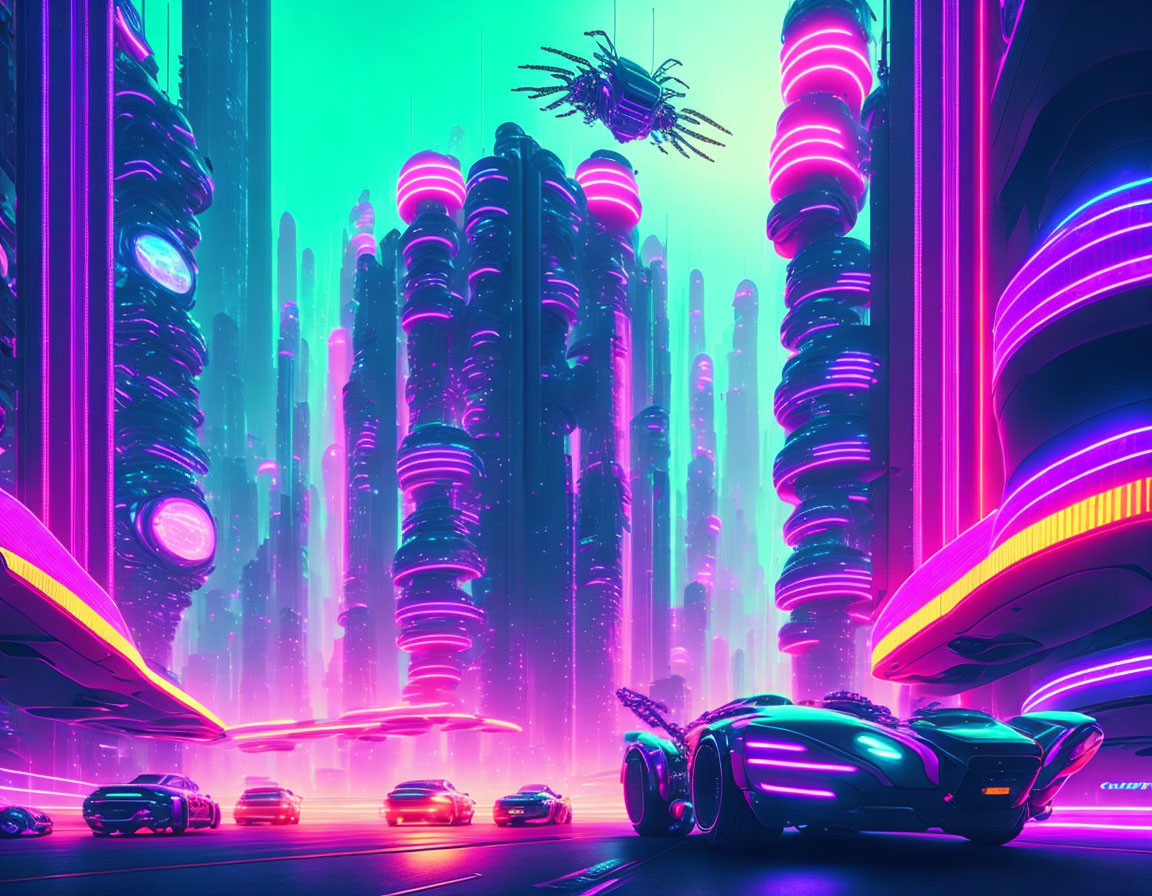 Neon-lit skyscrapers in futuristic cityscape