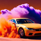 Yellow sports car powersliding on desert road with red smoke against purple sky