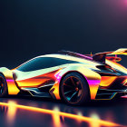 Futuristic sports car with neon color gradients on reflective surface