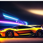 Vibrant gold sports car with neon lights and dynamic light trails