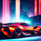 Futuristic red sports car under neon city lights