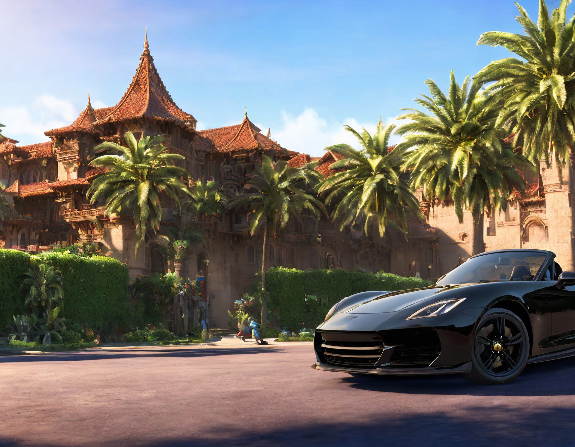 Luxury Black Sports Car Parked by Ornate Building and Palm Trees