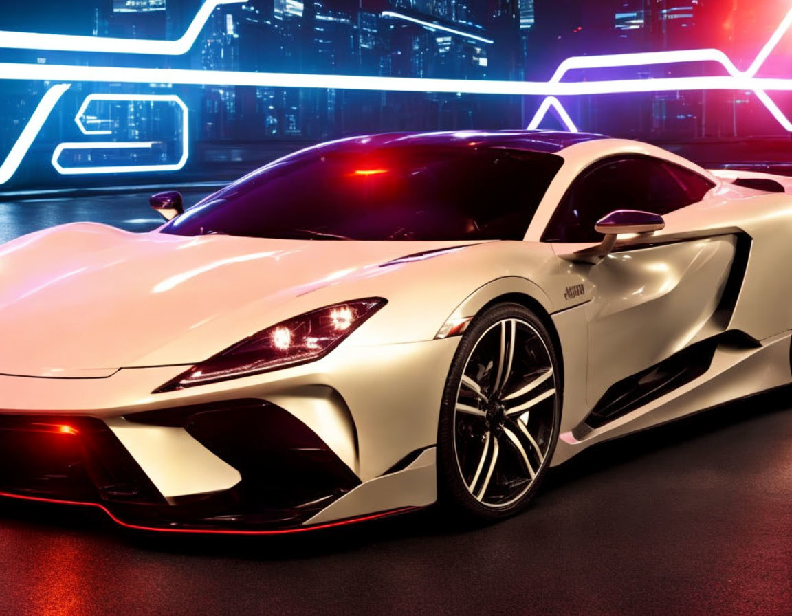 White Sports Car with Black Accents Against Neon Cityscape