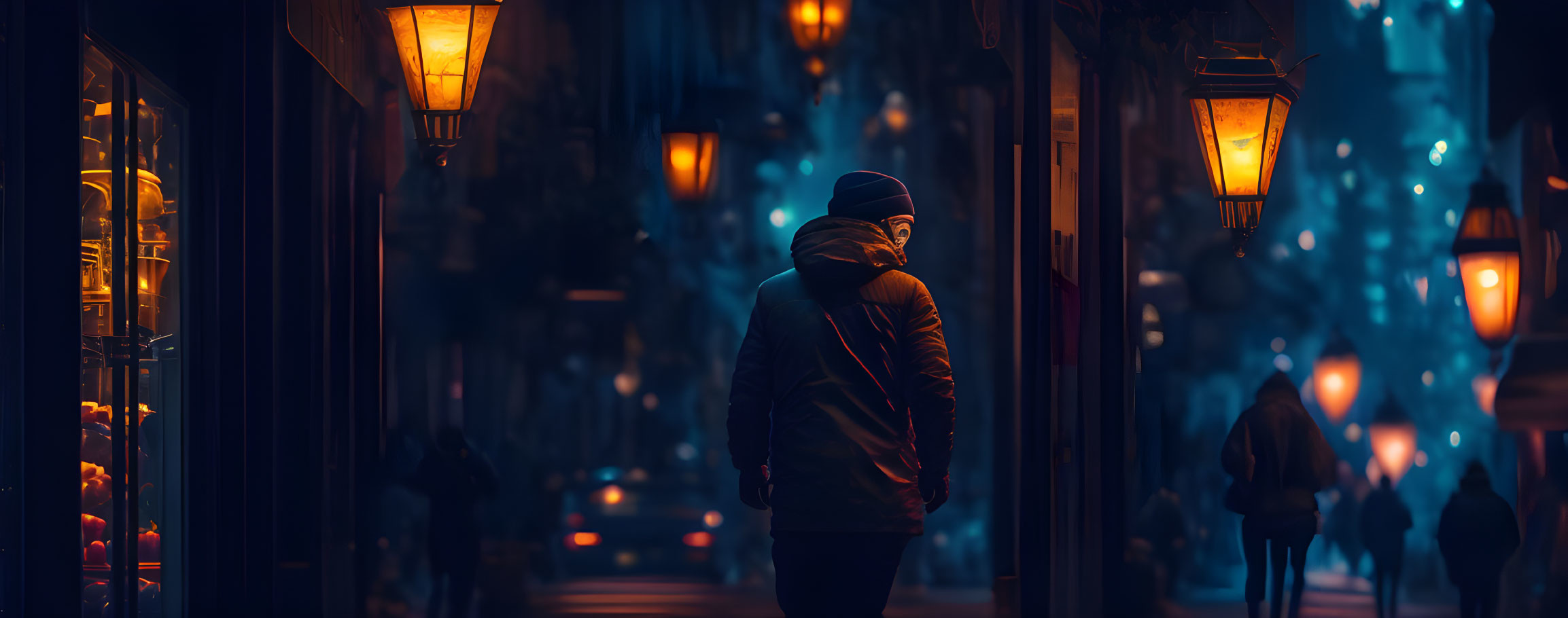 Person in Winter Clothing Gazes at Shop Window on Night-Lit Street