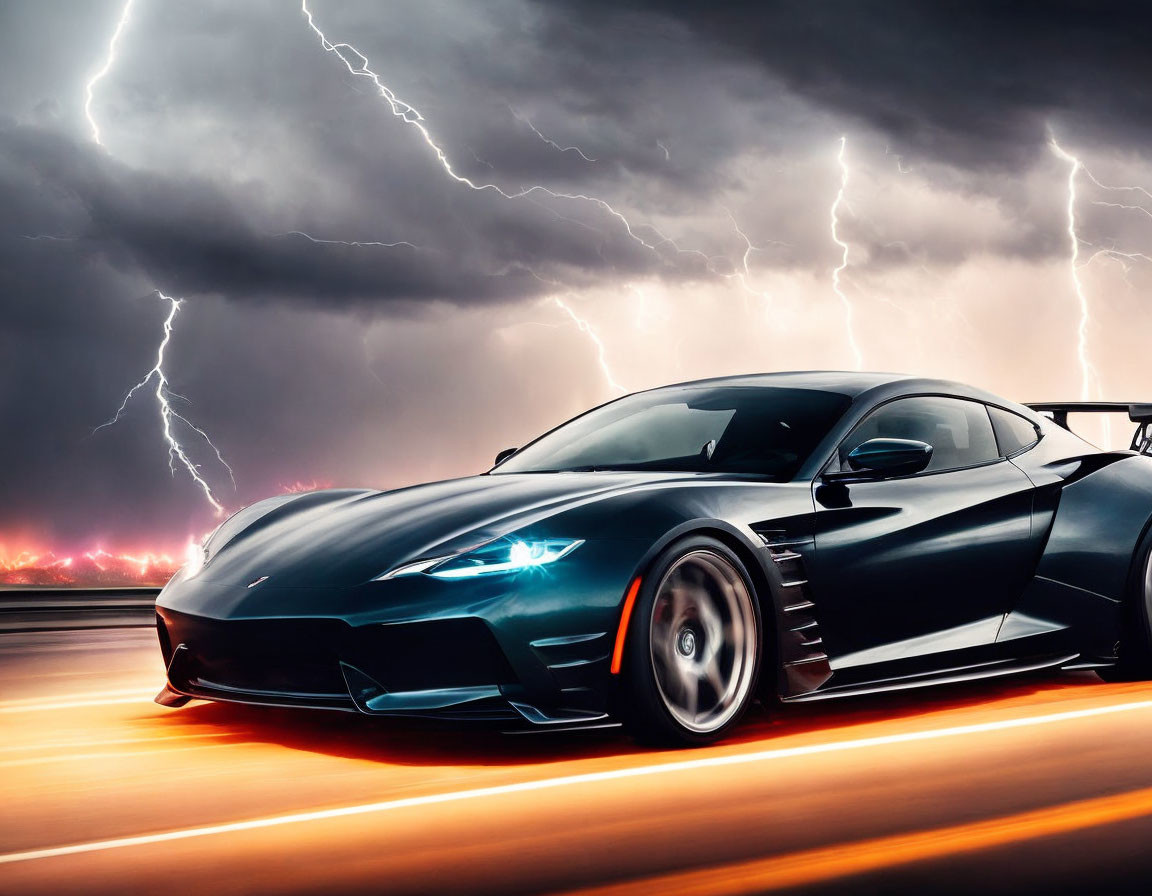 Black sports car racing under stormy sky with lightning.