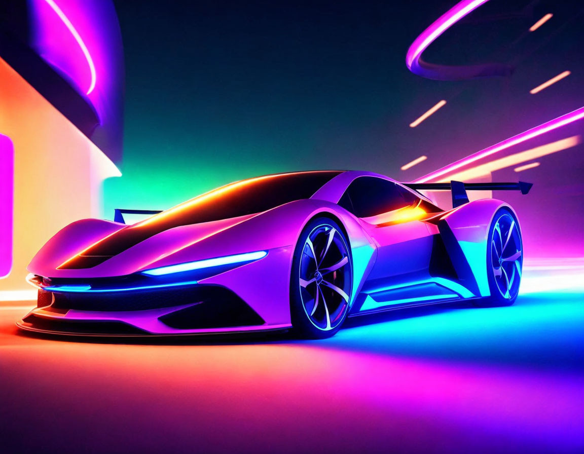 Futuristic sports car with neon underglow under vibrant purple and pink lights