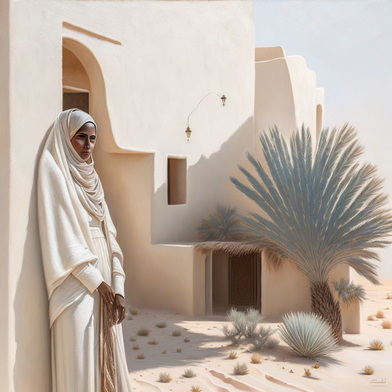 Woman in white traditional attire by desert building with arches and palm trees