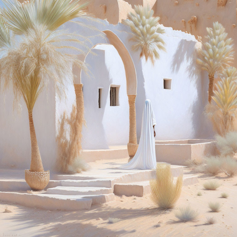 Traditional courtyard with arches, palm trees, and figure in white garments