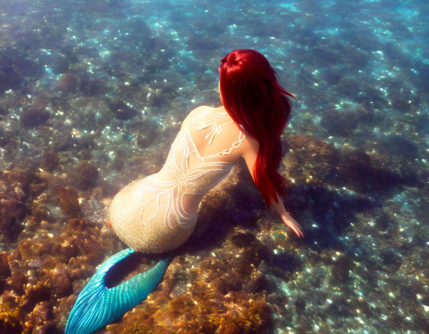 Illustrated red-haired mermaid on underwater rocks with sparkling tail in sunlight.