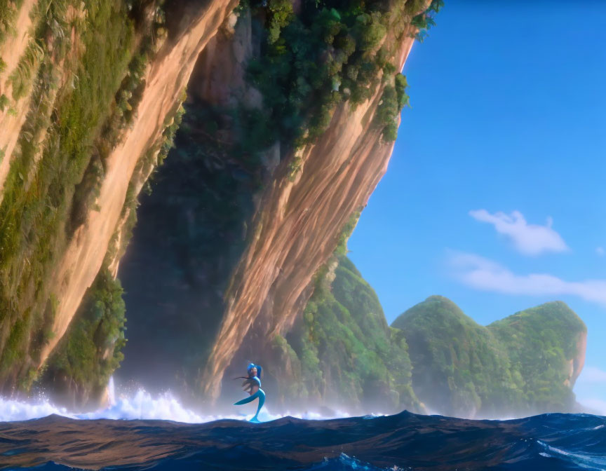 Character surfing wave through narrow cliff opening with lush greenery under clear sky