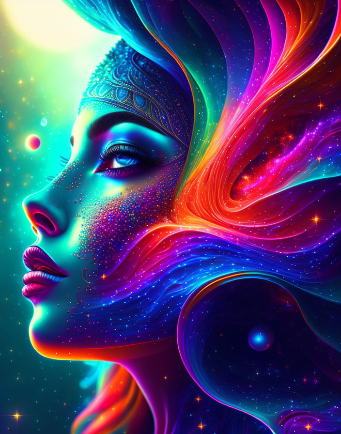Colorful Woman Profile with Cosmic Galaxy Hair and Celestial Elements