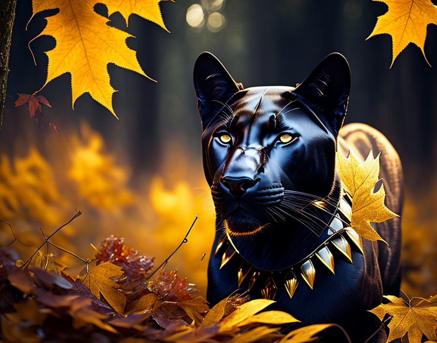 Majestic black panther with gold collar in autumn forest