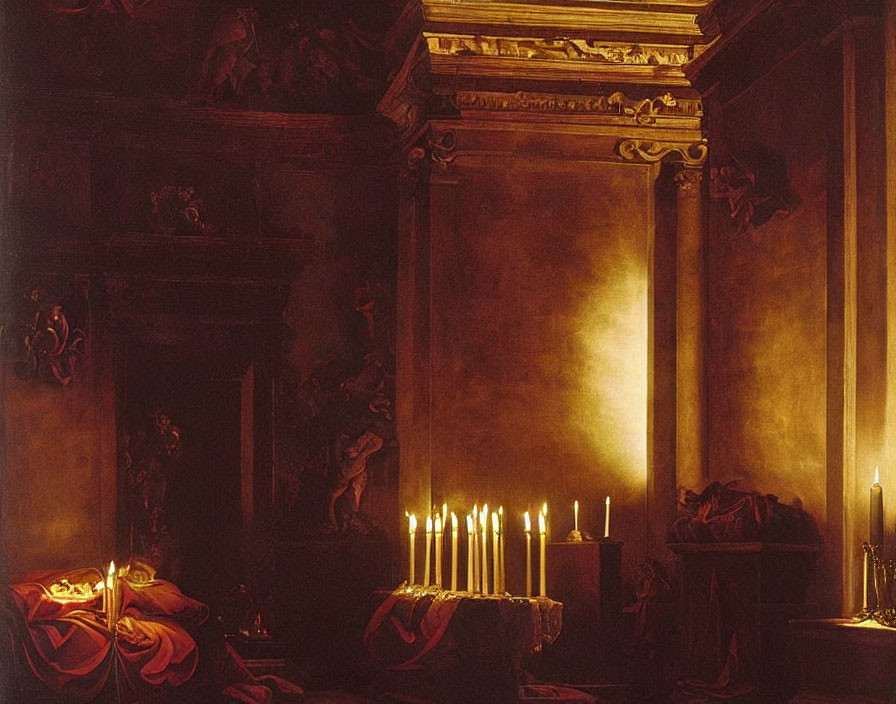 Dimly Lit Interior with Candles, Pillars, Draped Fabrics, and Frescoes