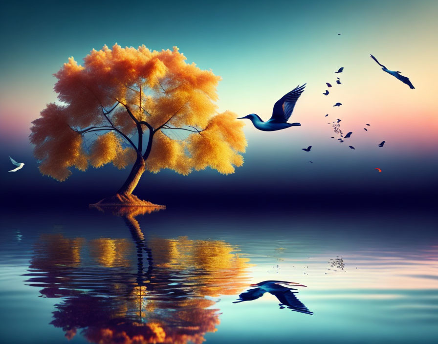 Tranquil twilight scene: solitary tree with fiery orange leaves reflected on water, birds flying around.