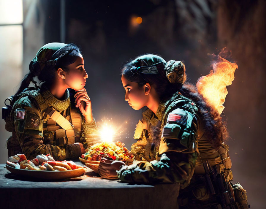 Military women bonding over meal by night fire in serene setting