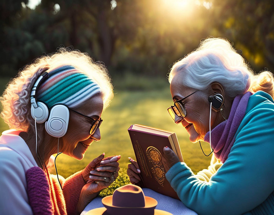 Elderly Women Smiling with Headphones Outdoors