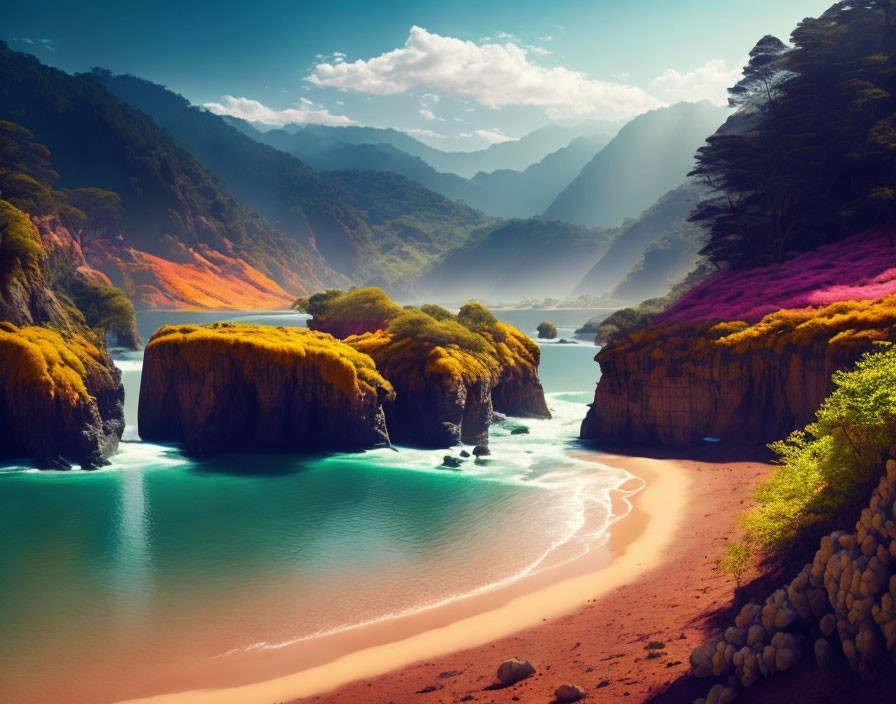 Colorful surreal landscape: vivid trees, turquoise waters, sandy beach, layered mountains.