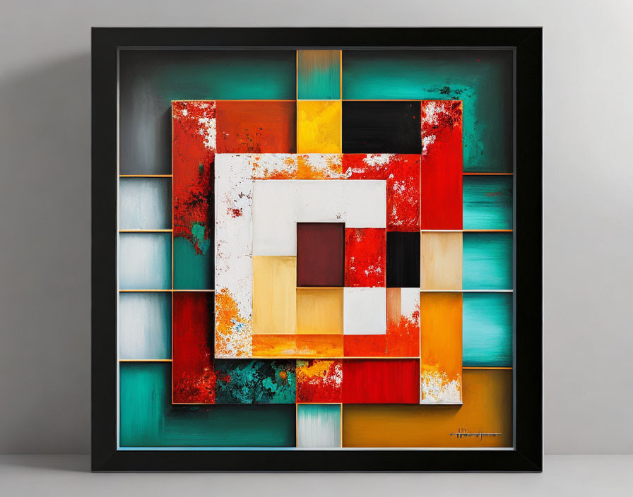 Vibrant Geometric Abstract Painting with Central Square Motif