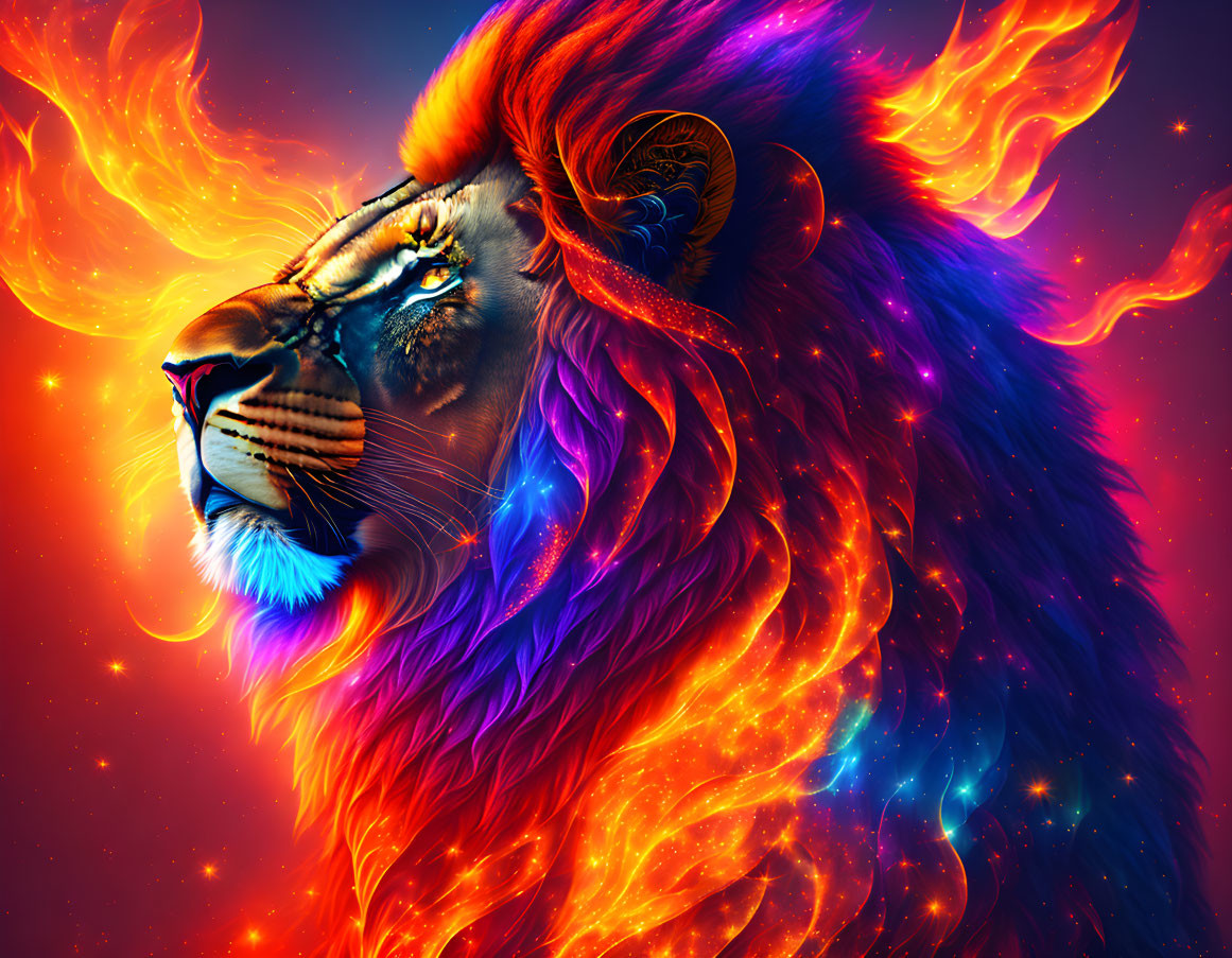 Digital art: Lion with flame mane & celestial elements on cosmic backdrop