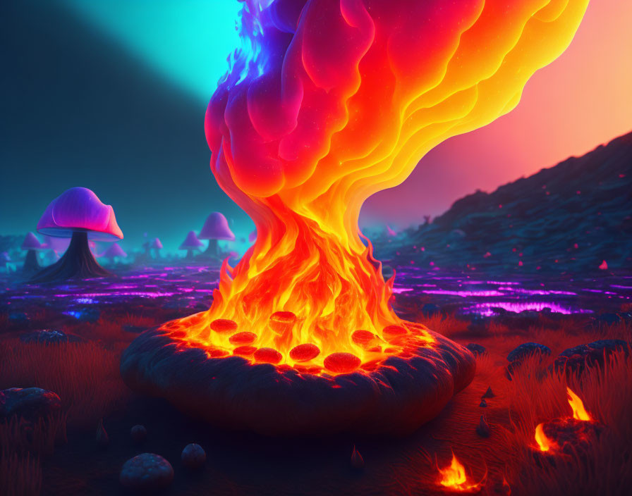 Fantastical landscape with glowing tree and mushroom formations at twilight