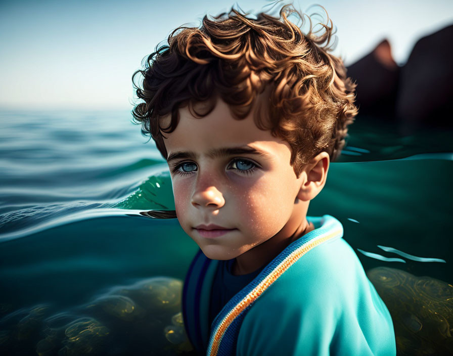 Close-up of young child with curly hair in blue swimshirt in clear sea water.