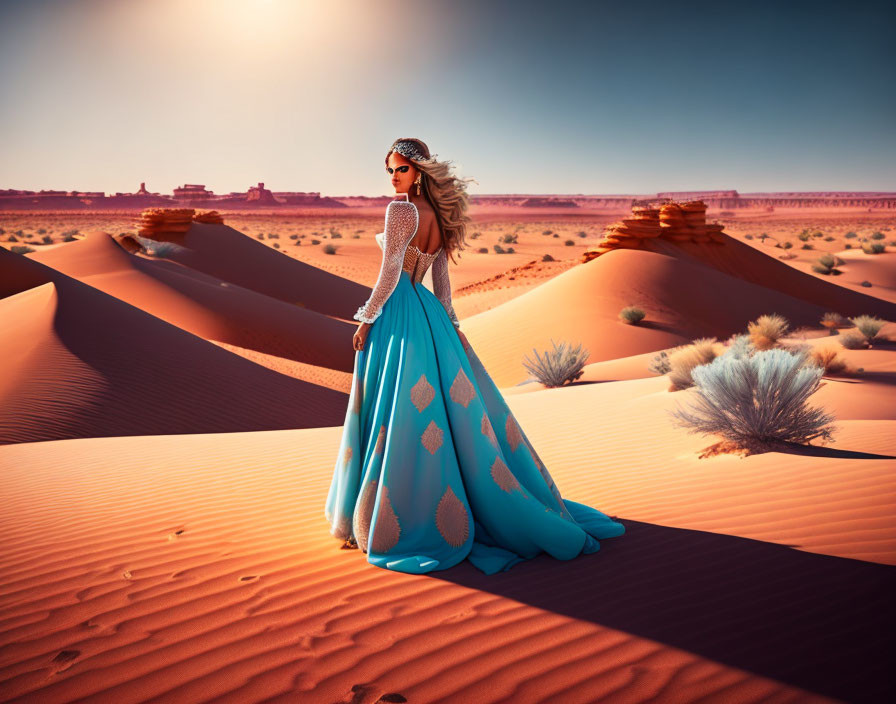 Blonde woman in blue dress at desert sunset